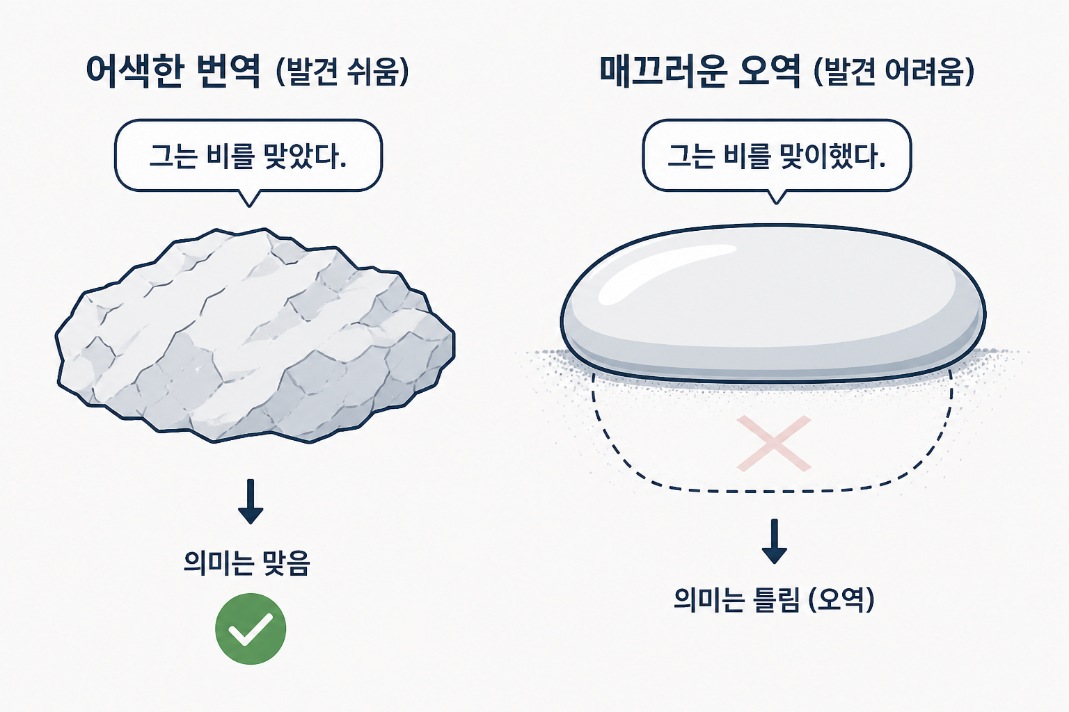 매끄러운 오역 개념도 — 한국어가 자연스럽게 읽히면 원문 대조 없이 믿어버려, 틀린 곳(작은 빨강 X)이 매끄러운 문장(초록 체크) 속에 숨음.