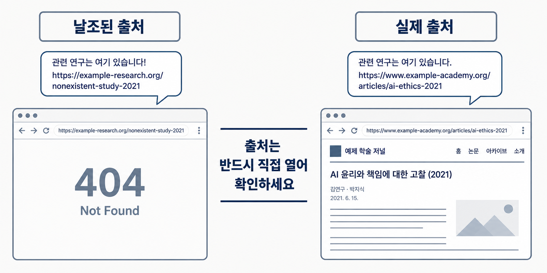 AI 출처 날조 vs 실제 비교 — AI는 모르면서 URL·논문·인용까지 진짜처럼 지어내므로, 추측이 아니라 실제로 찾게 강제하고 출처를 직접 열어 확인.