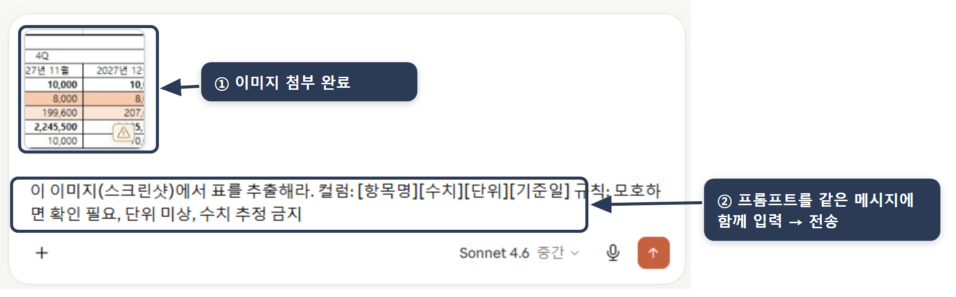 이미지에서 표 추출 프롬프트 입력 화면 — 견적서 표 이미지를 첨부하고 같은 메시지에 추출 프롬프트(컬럼 지정·모호하면 확인 필요·단위 미상·추정 금지)를 함께 입력해 전송 직전 상태.