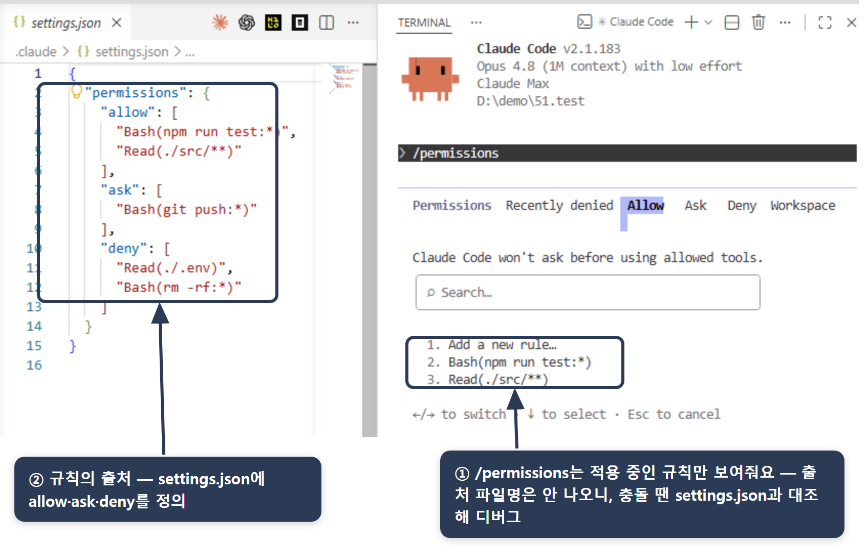 /permissions와 settings.json 대조 — 오른쪽 /permissions는 적용 중인 allow·ask·deny 규칙을 보여주지만 출처 파일명은 표시하지 않으므로, 왼쪽 settings.json(규칙이 정의된 곳)과 나란히 두고 충돌을 디버그함.