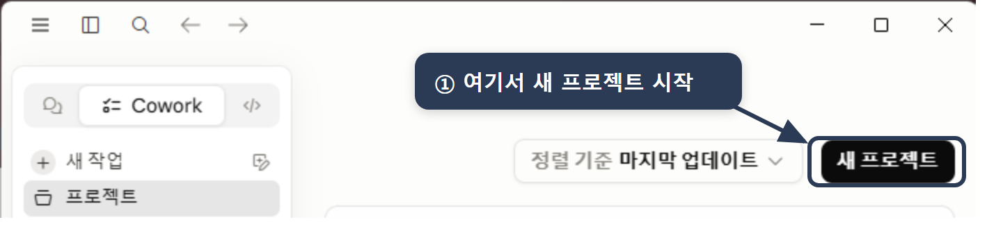 Cowork 새 프로젝트 시작 버튼 — 데스크톱 앱 프로젝트 화면 오른쪽 위 '새 프로젝트' 버튼을 눌러 프로젝트 생성을 시작함.