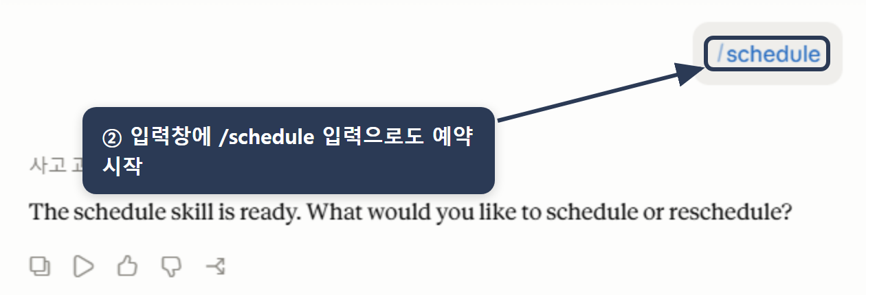 /schedule로 예약 — 작업 입력창에 '/schedule'을 입력하면 예약 작업을 만드는 흐름이 시작됨('The schedule skill is ready' 안내 표시).