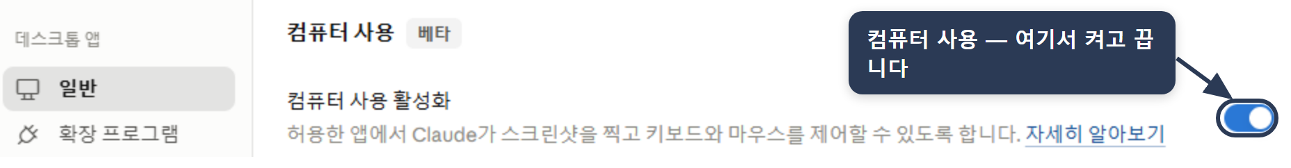 Computer use 토글 — 설정의 '데스크톱 앱 > 일반'의 '컴퓨터 사용 활성화' 토글로, 허용한 앱에서 Claude가 스크린샷을 찍고 키보드·마우스를 제어하도록 켜고 끔(베타).