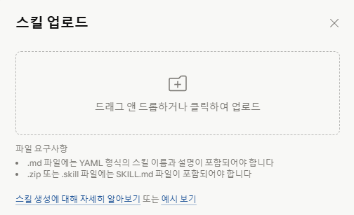 '스킬 업로드' 창 — '드래그 앤 드롭하거나 클릭하여 업로드' 영역이 있고, 파일 요구사항으로 .zip 또는 .skill 파일에 SKILL.md가 포함되어야 한다고 안내함.