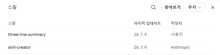 업로드 후 스킬 목록 — 방금 올린 'three-line-summary'가 작성자 '사용자'로 추가되어, 기존 'skill-creator'(작성자 Anthropic) 위에 나란히 보임.